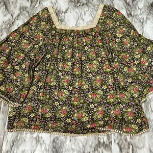 Decree Square Neck Floral Boho Top Bell Sleeves Lace Edging Happy Flowercore